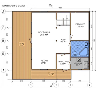 Каркасный двухэтажный дом 190 м² . Первый этаж - второй вариант