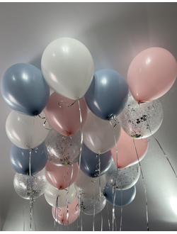 Шары розовый, голубой ретро, белый, с конфетти 20 штук под потолок