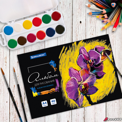 Альбом для рисования А4 40 л., склейка, обложка картон, подложка, BRAUBERG, 205×290 мм. 106330