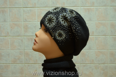 Красивый черный берет и шарф женский вязаный