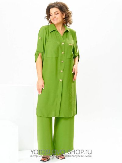 Модель: 2-2784.Брючный костюм яркого салатового цвета