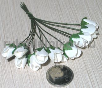 бумажные цветы "Роза закрытый бутон", цвет-белый, 5 мм, 12 шт/уп