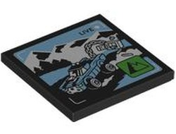 Tile 4 x 4 with 'LIVE' Broadcast with Bright Light Blue Car and Side Road, Black and White Mountains, Green Icon with Mountains Pattern, Black (1751pb050 6530114)