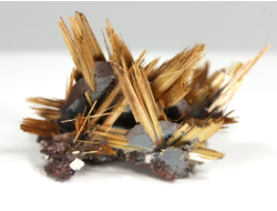 Редкость! Рутил свободного роста, сростки "звезды" золотистых игольчатых кристаллов на кристаллах гематита, Бразилия (24*15*15 мм, 2,45 г) №37910