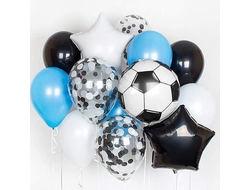 "Чемпион" (комплект включает в себя две фольгированных звезды, круг "футбольный мяч", семь обычных латексных шаров, три шара с конфетти и оформление по желанию в фонтан).