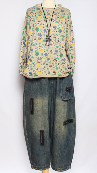 Джемпер  "МЕЛКИЕ ЦВЕТОЧКИ" синий, зеленый, бежевый до р.52