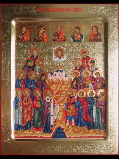 Собор Святых Покровителей охотников и рыболовов. Рукописная икона 30х40см.