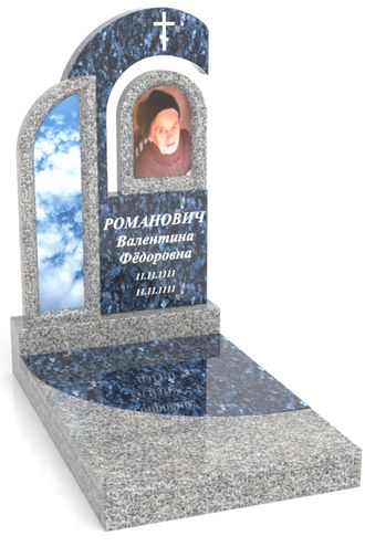 Памятник из двух видов гранита Блюперл  и бело -серого Мансуровский с оформлением памятника фотокерамикой, буквами из нержавеющей стали и стеклянной вставкой облака.