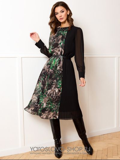 Модель : 5155.Платье прямого силуэта черно-зеленого цвета с растительным принтом.