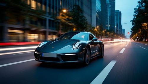 Porsche 911 на городской улице в движении &mdash; автомобиль для динамичной съёмки