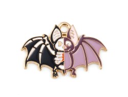 ПОДВЕСКА С ЭМАЛЬЮ "МУЛЬТЯШНАЯ ЛЕТУЧАЯ МЫШЬ/СКЕЛЕТ" - 26x18x1.5 мм - БЛЕДНОЕ ЗОЛОТО+ЦВЕТНАЯ ЭМАЛЬ
