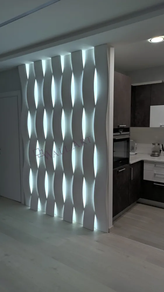 Смонтированная световая 3d панель "LightWave". г.Москва. Монтаж наш. Использована подсветка с холодным светом (6500к). Раскладка панелей стандартная - "Checkmate".