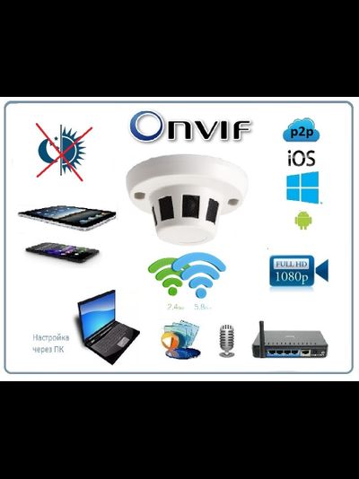 DE/GS-PRTFCMWAR(55) Видеоняня/Охранная IP WiFi(2.4/5)/LAN видеокамера с аудиоканалом (корпус датчика дыма), DVR. Full HD 2 Мп (CamHi/CamHi Pro)