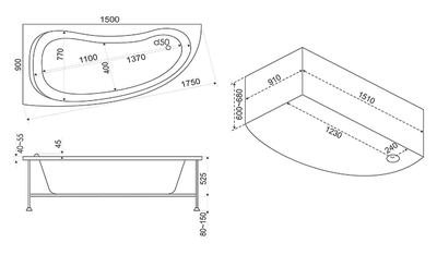 Акриловая гидромассажная ванна BAS алегра 150х90 правая