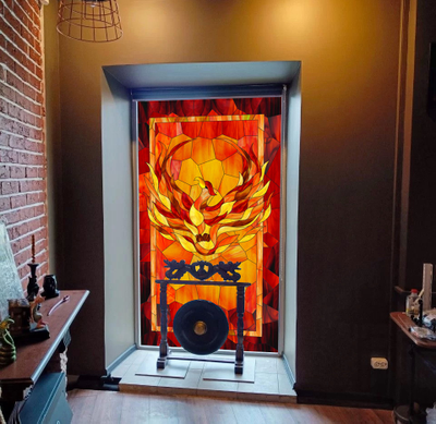 Витражная пленка, витражная пленка самоклеющаяся под заказ,пленочный витраж с жар птицей