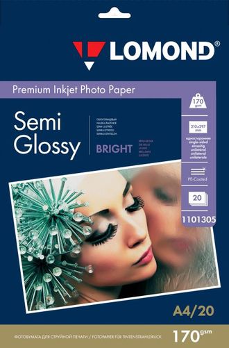 Полуглянцевая ярко-белая (Semi Glossy Bright) микропористая фотобумага Lomond для струйной печати, A4, 170 г/м2, 20 листов.