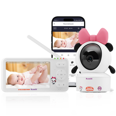 WiFi Видеоняня Ramili Baby RV700PANDA Пандочка, Малышарики, с креплением, 1 моторизированная видеокамера + монитор, 2К, с DVR