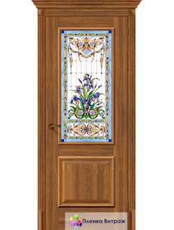 Витражная пленка, витражная пленка самоклеющаяся под заказ,пленочный витраж флора с голубыми ирисами