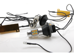 Лампа светодиодная двухрежимная LED S25 (1156) 28 SMD (2835+3030) с линзой (Белый+Желтый), с резистором и проводкой, комплект (2шт)