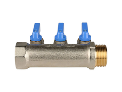 Коллектор распределительный STOUT с шаровыми кранами 1", 3 отвода 1/2" (синие ручки) (Арт. SMB 6211