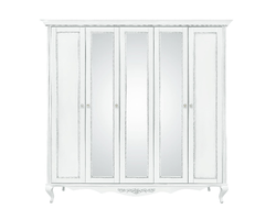 Шкаф 5 дверный с зеркалами Неаполь, Белый/Патина Серебро без структуры дерева