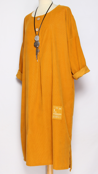 Платье Бохо вельветовое "ПЛАНКА ЗАЩИП ПУГОВИЦЫ" яблоко, горчица до р.56