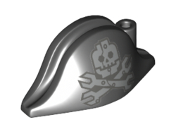 Minifigure, Headgear Hat, Pirate Bicorne with Silver Minifigure Skull with Half Mask and Wrenches Crossbones Pattern, Black (2528pb13 / 6250682)