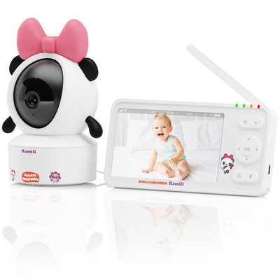 WiFi Видеоняня Ramili Baby RV700PANDA Пандочка, Малышарики, с креплением, 1 моторизированная видеокамера + монитор, 2К, с DVR