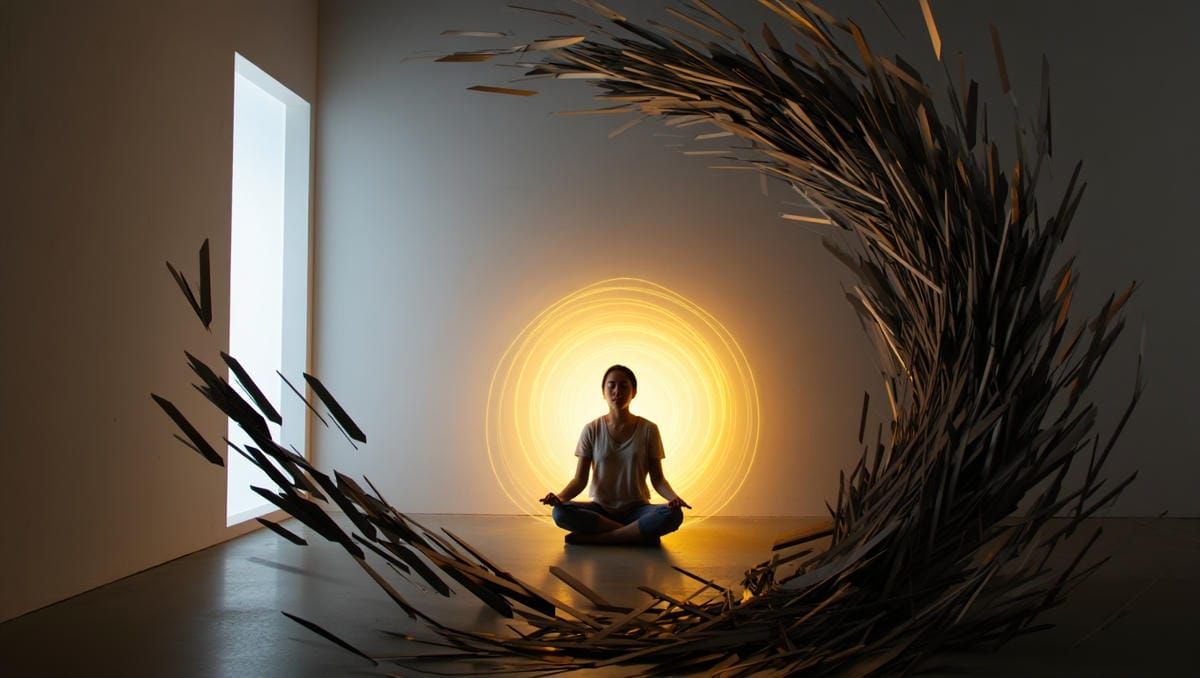 Человек, спокойно сидящий посреди вихря геометрических фигур, символизирующих хаос мыслей.