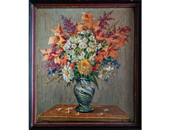 "Цветы в полосатой вазе" картон масло Гоптарев М.М. 1970-е годы
