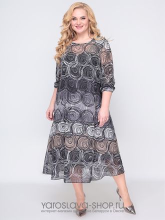 Модель: А-3845. Платье из шифоновой ткани серо-бежевого цвета с рисунком круги.