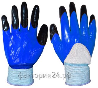 Перчатки нейлоновые с ДВОЙНЫМ нитриловым обливом НОГОТКИ синие (код 0114)
