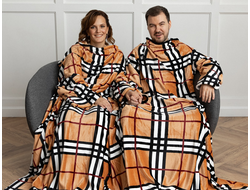 Парный плед с рукавами "Клетка" из велсофта (микрофибры)