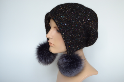 Шапка ушанка с помпонами черная вязаная Vizio Италия 8022