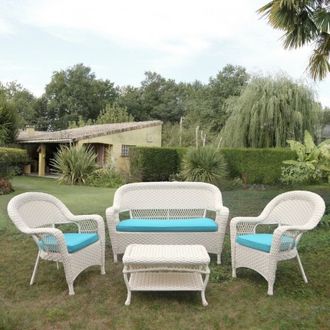 Плетеный диван с креслами и столиком белого цвета Рокс