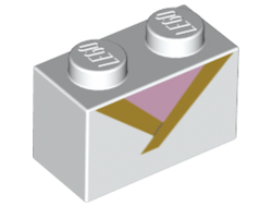Brick 1 x 2 with Gold Trim and Bright Pink Triangle Pattern, White (3004pb189 / 6270321)