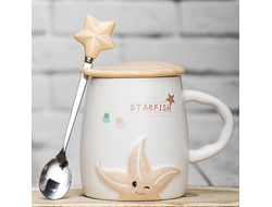 Кружка с ложкой и крышкой Морская звезда 370 мл, Цвет: Голубой/Бежевый