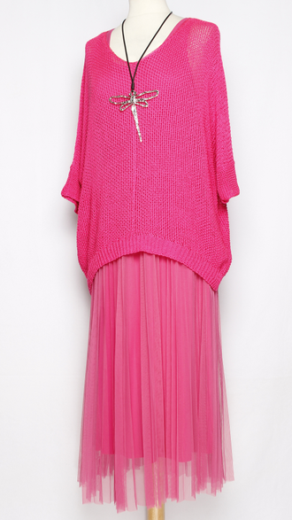 Костюм джемпер  и платье "Сетка гофре асимметрия" фуксия р.44-46
