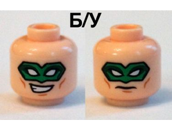 ! Б/У - Minifigure, Head Dual Sided Green Eye Mask with Eye Holes, Smirk / Frown Pattern - Hollow Stud, Light Nougat (3626cpb1268 / 6102109) - Б/У