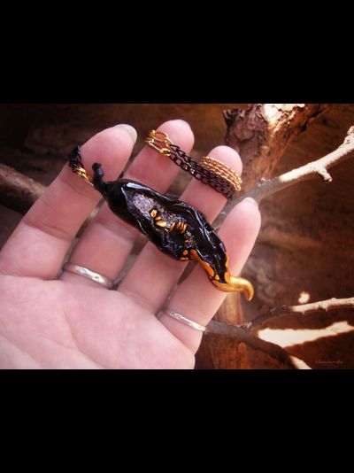 "Семечко из сада Нави", подвеска с чёрным перцем чили и золотыми семенами