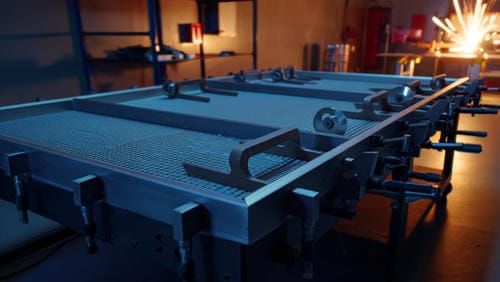 Процесс сборки металлических деталей на профессиональном 3D сварочном столе с использованием струбци