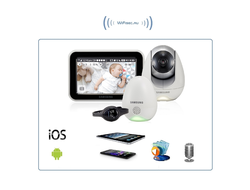 Samsung, двухрежимная видеоняня Samsung SEW-3057WP (Wi-Fi и FHSS) с сенсорным монитором и моторизированной видеокамерой, с датчиком климата и с виброчасами с DVR и P2P, HD