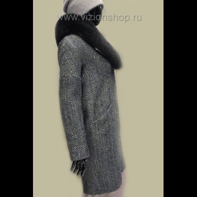 Пальто в елочку женское Арти мода Arti moda 135 с меховым воротником