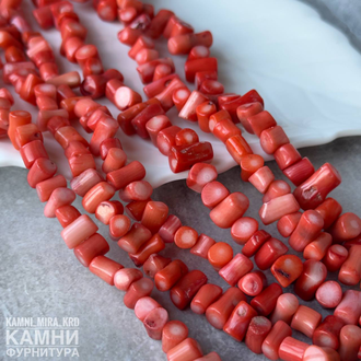 Коралл палочки средние фри-форм 7,2-13х6,5-8,5 мм тонированный, цвет лосось, цена за нить 19-20 см