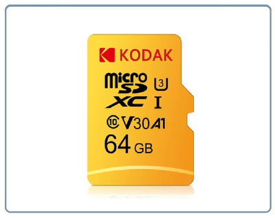 Карта памяти Kodak Micro SD, класс 10, UHS-1 U3 V30 A1 на 64 ГБ, чтение 90 МБ/с, запись данных 30 МБ/с, + переходник SD