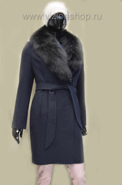 Синее пальто женское с меховым воротником Арти мода Arti moda 1441