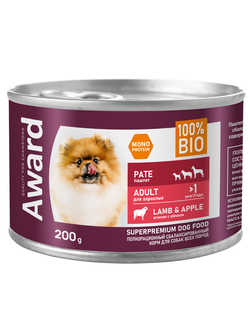 AWARD (Эворд) влажный корм (консерва) паштет для собак, Ягненок, Яблоко 200 г