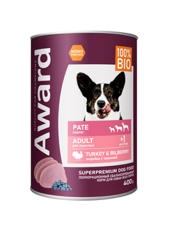 AWARD (Эворд) влажный корм (консерва) паштет для собак, Индейка, Черника 400 г