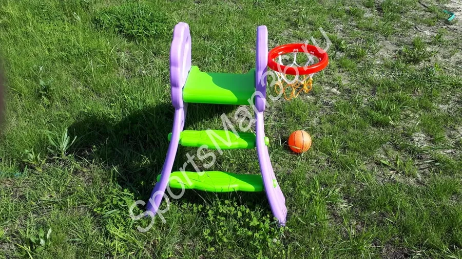 ДЕТСКАЯ ГОРКА "ДУБОК" PS-0291: пластиковая горка, лесенка, баскетбольное кольцо, мячик