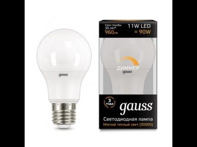 Лампа светодиодная Gauss ЛОН A60 E27 диммируемая 11W(960 lm) 3000K 2K 60х110 матовая, пластик/алюм. 102502111-D
